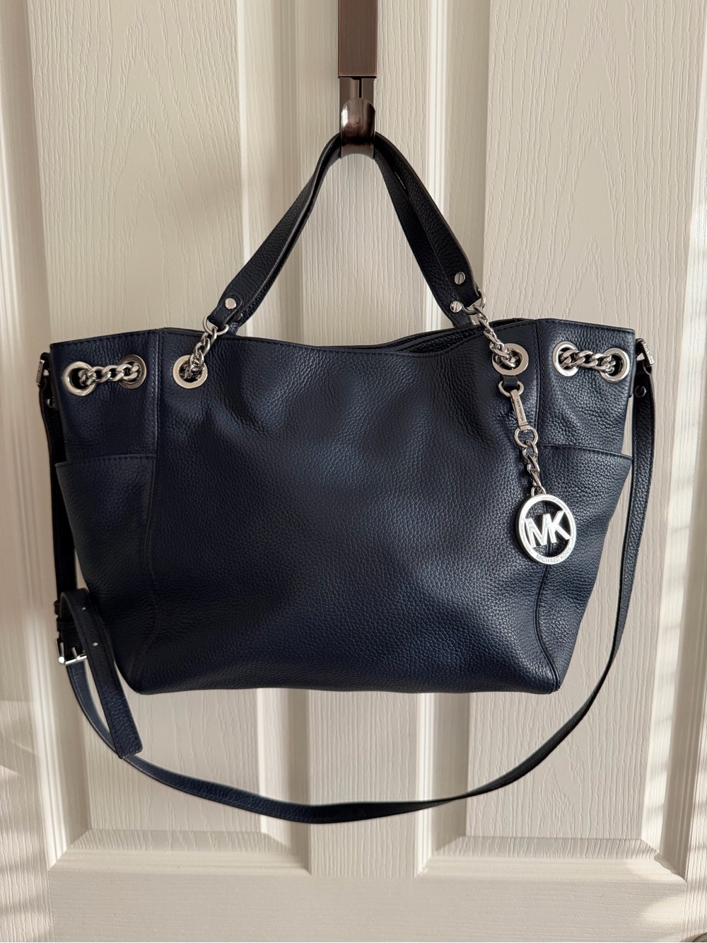 Michael Kors Navy Blue Pebbled Leather Tote with Chain Detail